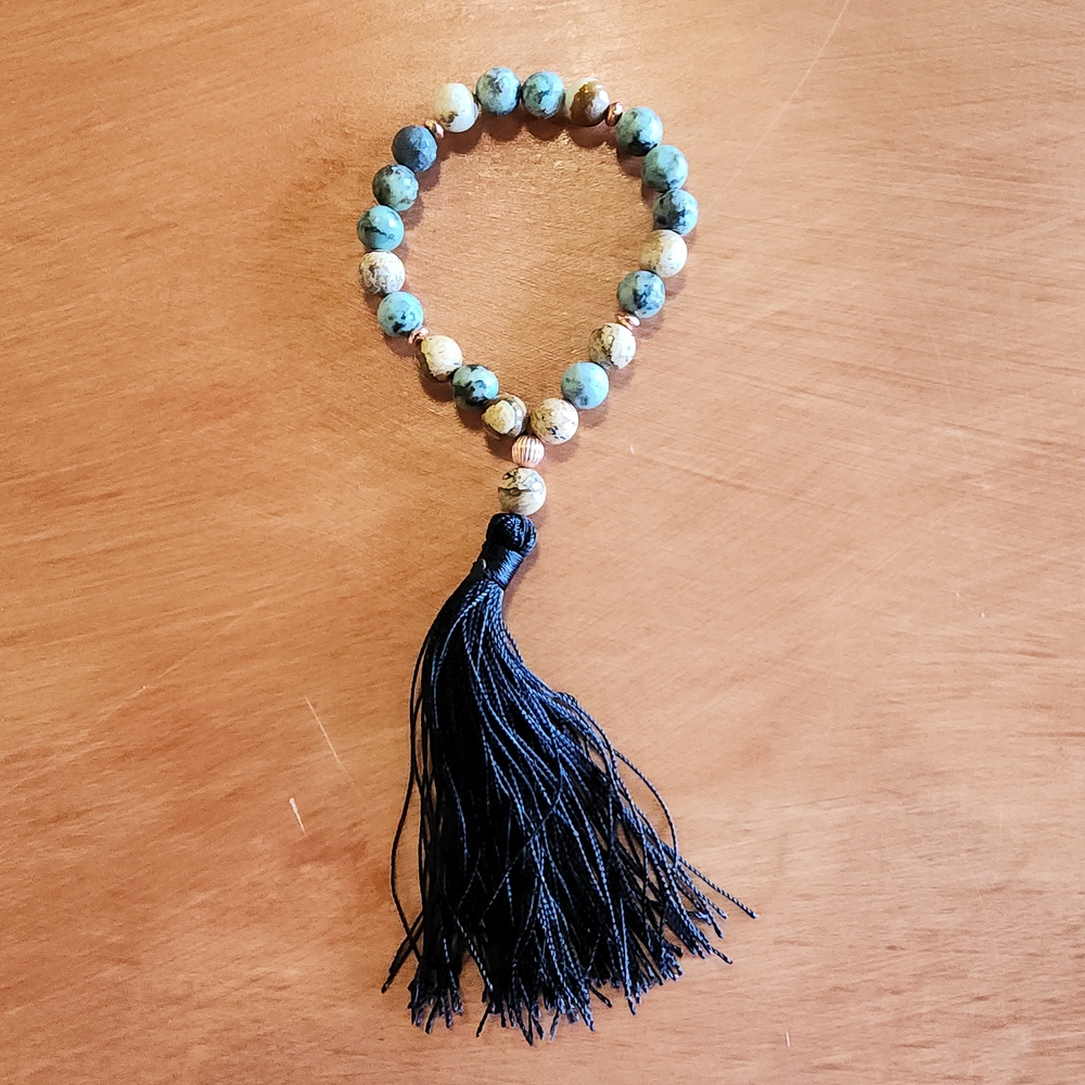 African Turquoise Mala Bead Bracelet with Tassel